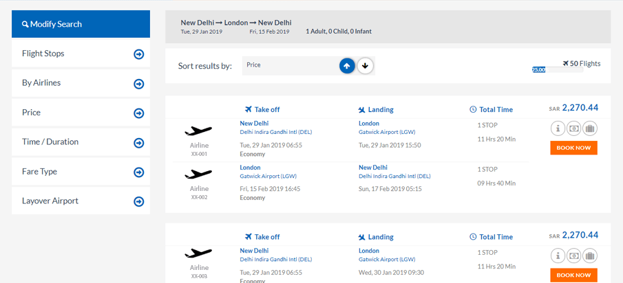 Interface of Flight Booking Engine