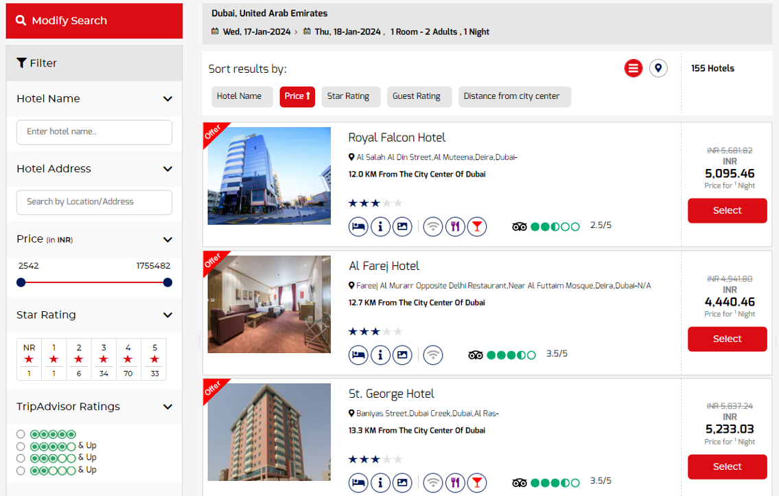 Interface of Hotel Booking Engine